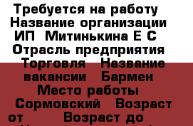 Требуется на работу  › Название организации ­ ИП. Митинькина Е.С. › Отрасль предприятия ­ Торговля › Название вакансии ­ Бармен › Место работы ­ Сормовский › Возраст от ­ 25 › Возраст до ­ 50 - Нижегородская обл. Работа » Вакансии   . Нижегородская обл.